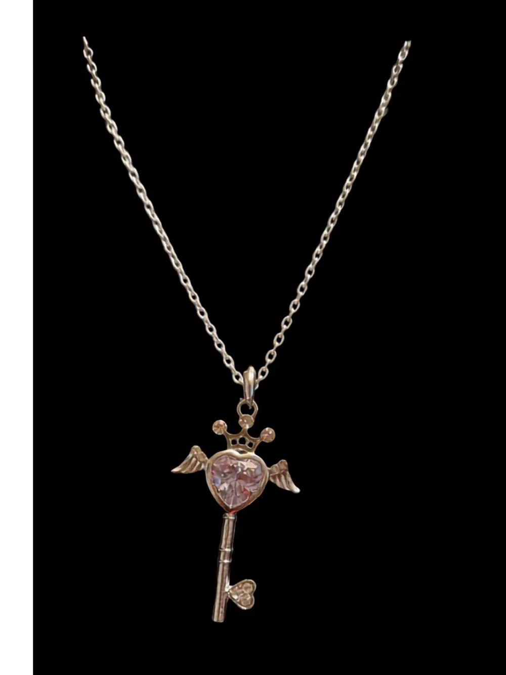 KCJ and More Pink Heart Key Pendant Necklace - Winged Crown Design